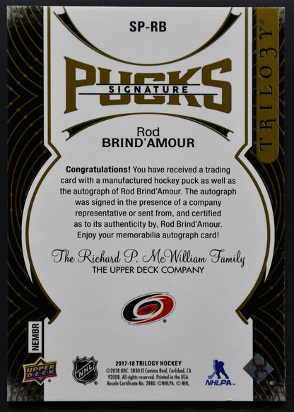 Rondelles signature UD Trilogy 2017-18 Rod Brind'Amour SP-RB Hurricanes de la Caroline