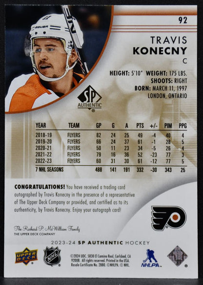 2023-24 SP Authentic Limited Auto Travis Konecny 92 Philadelphia Flyers Auto #2