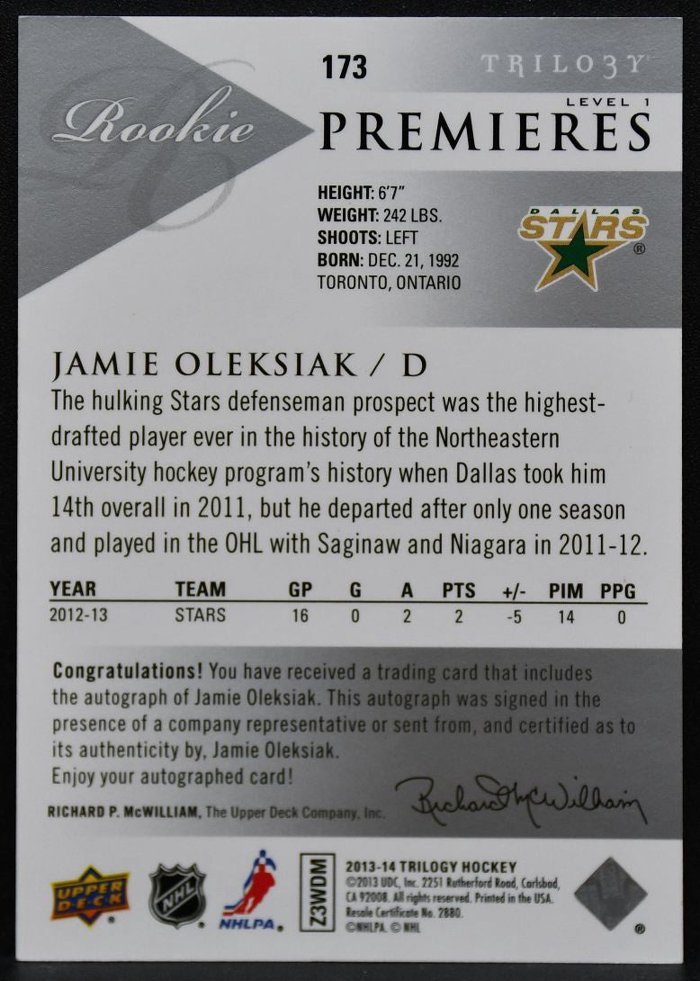 2013-14 UD Trilogy RC Premieres Jamie Oleksiak 173 Stars RC Auto 623/699 1950