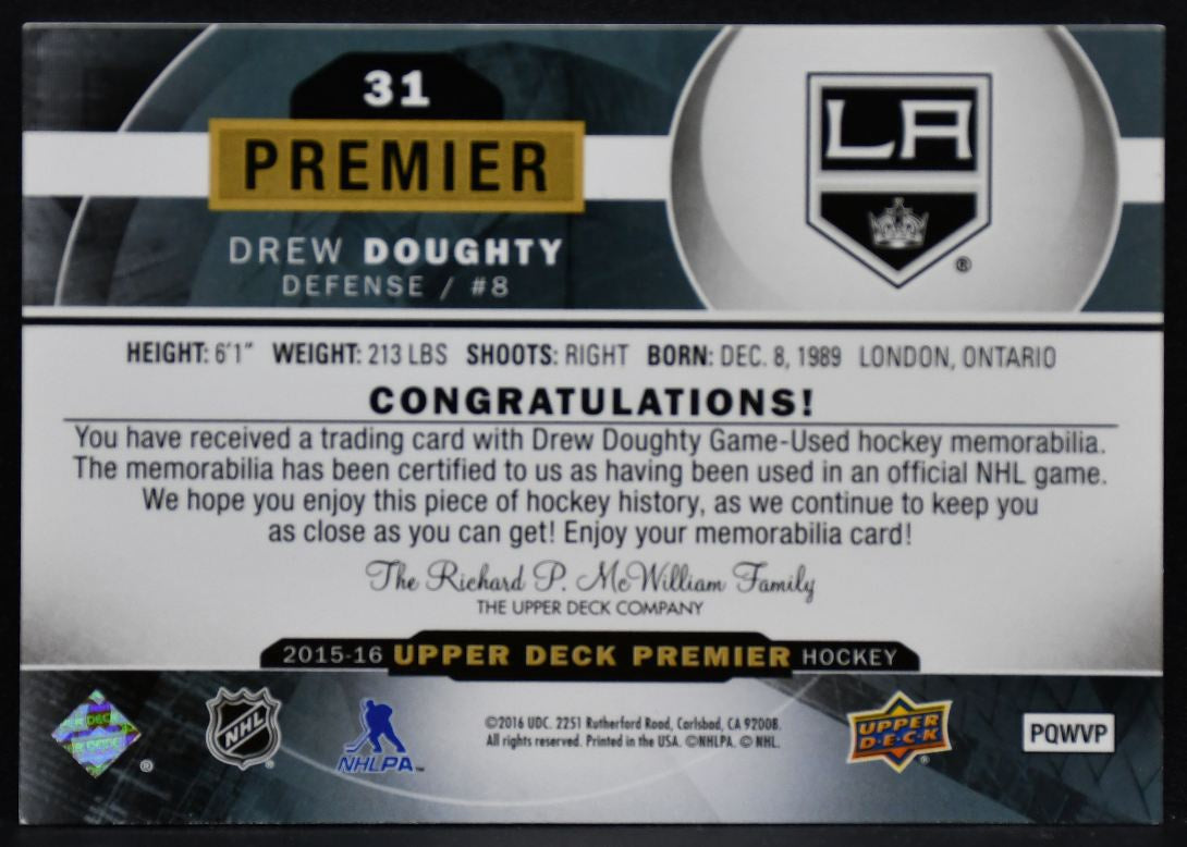 2015-16 UD Premier Base - Jersey Drew Doughty 31 Kings 164/199 Jersey 3503