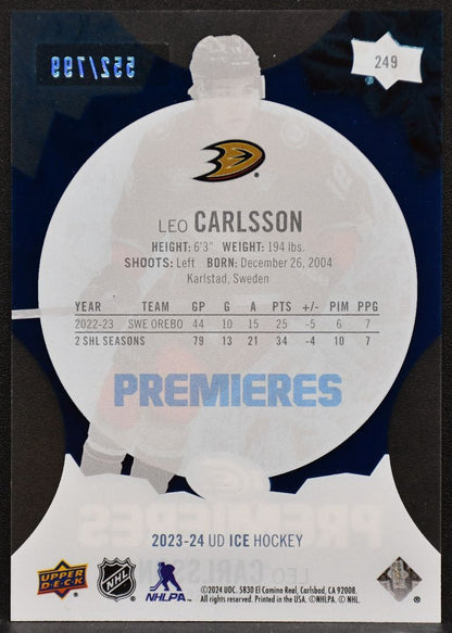 2023-24 Upper Deck Ice Premieres Blue Leo Carlsson 249 Anaheim Ducks RC 552/799 1861