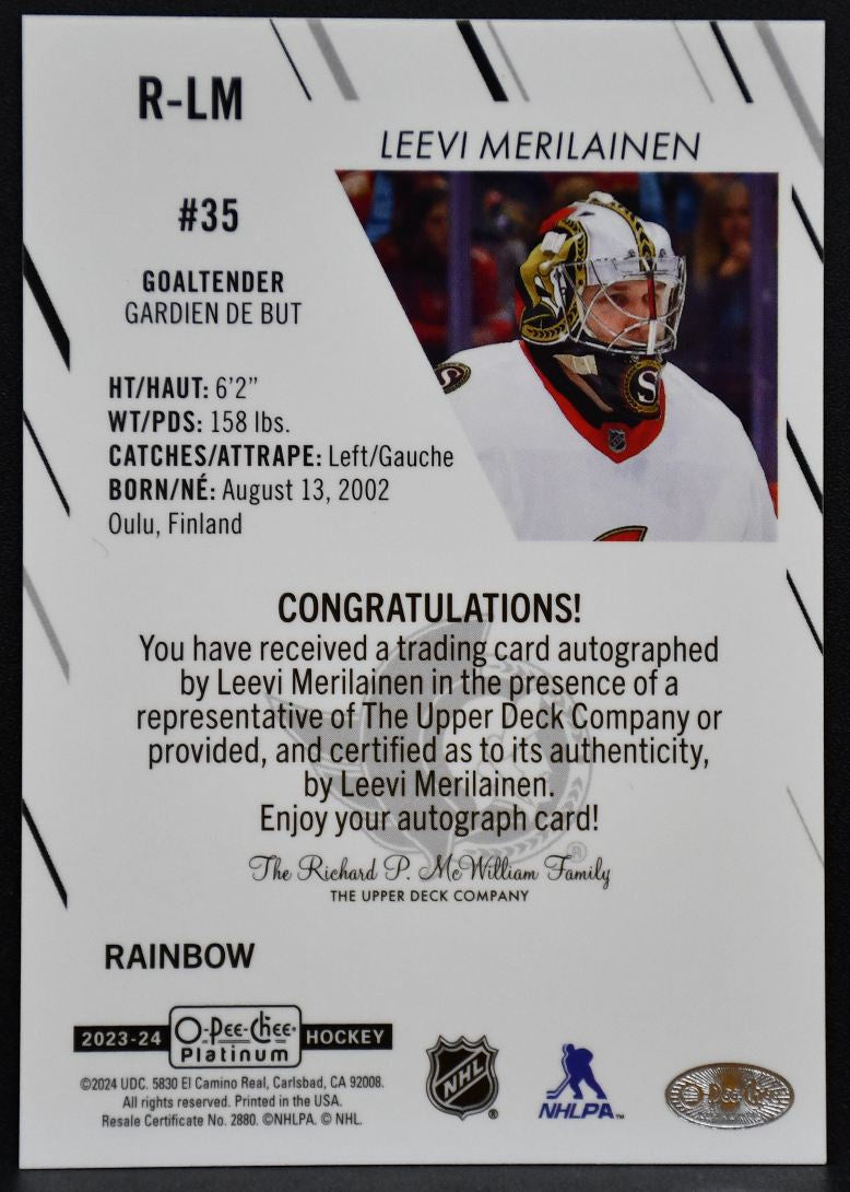 2023-24 OPC Platinum Rookie Auto Leevi Merilainen R-LM Senators RC Auto 8270