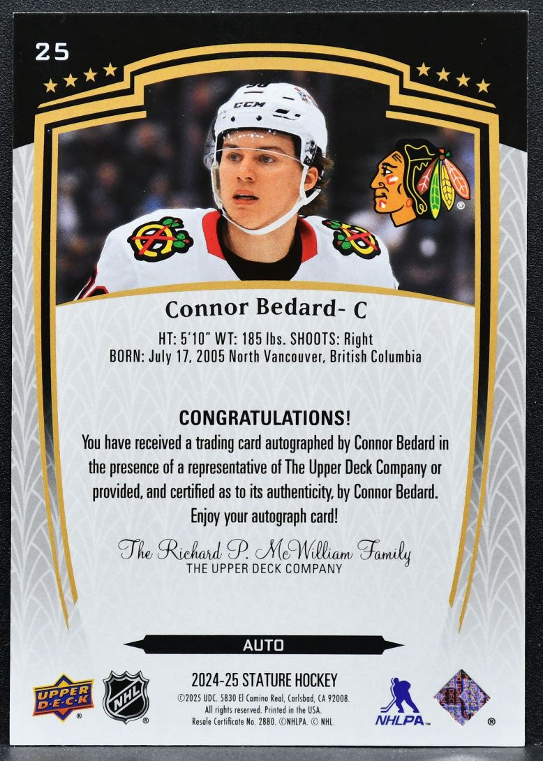 2024-25 Upper Deck Stature Auto Connor Bedard 25 Chicago Blackhawks Auto 7061