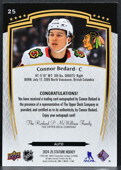2024-25 Upper Deck Stature Auto Connor Bedard 25 Chicago Blackhawks Auto 7061