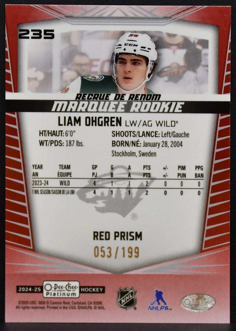 2024-25 OPC Platinum Marquee Rc Red Prism Liam Ohgren 235 Wild RC 053/199 8218