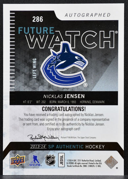 2013-14 SP Authentic Future Watch Auto Nicklas Jensen RC Auto 120/999 2206