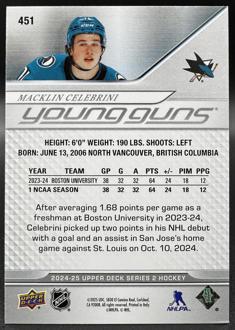 2024-25 UD Young Guns Macklin Celebrini 451 San Jose Sharks RC
