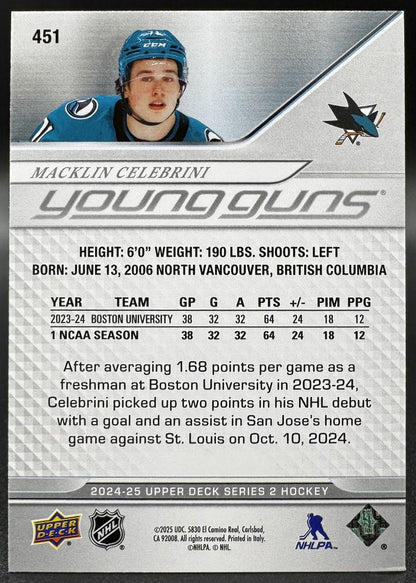 2024-25 UD Young Guns Macklin Celebrini 451 San Jose Sharks RC