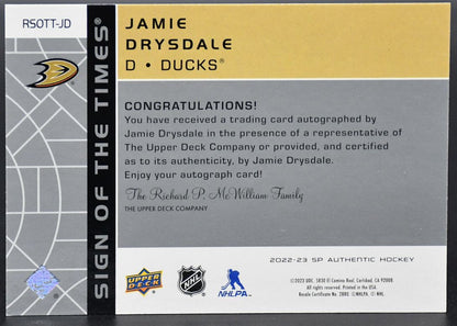 2022-23 SP Authentic Jamie Drysdale RSOTT-JD Anaheim Ducks Auto