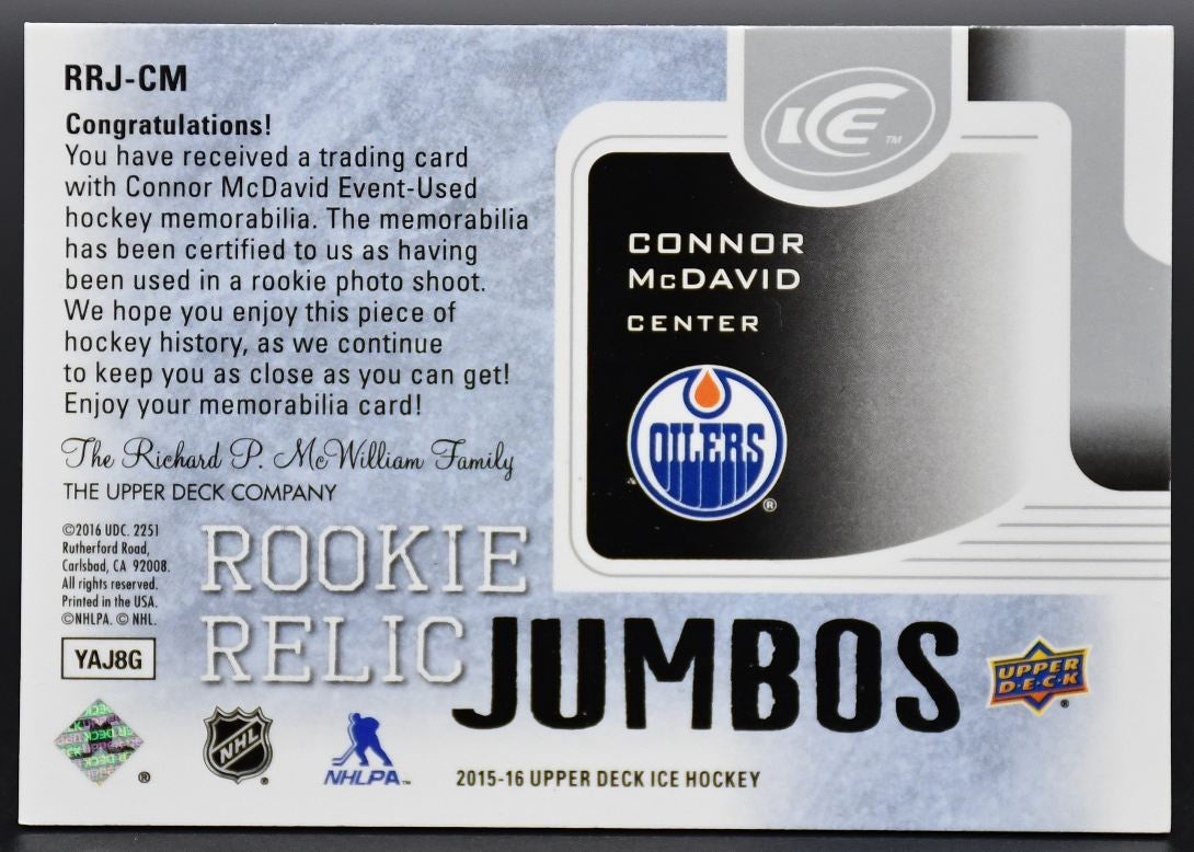 2015-16 UD Ice Rookie Relic Jumbos Connor McDavid RRJ-CM 119/299