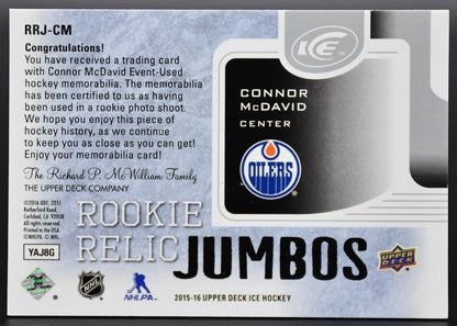2015-16 UD Ice Rookie Relic Jumbos Connor McDavid RRJ-CM 119/299