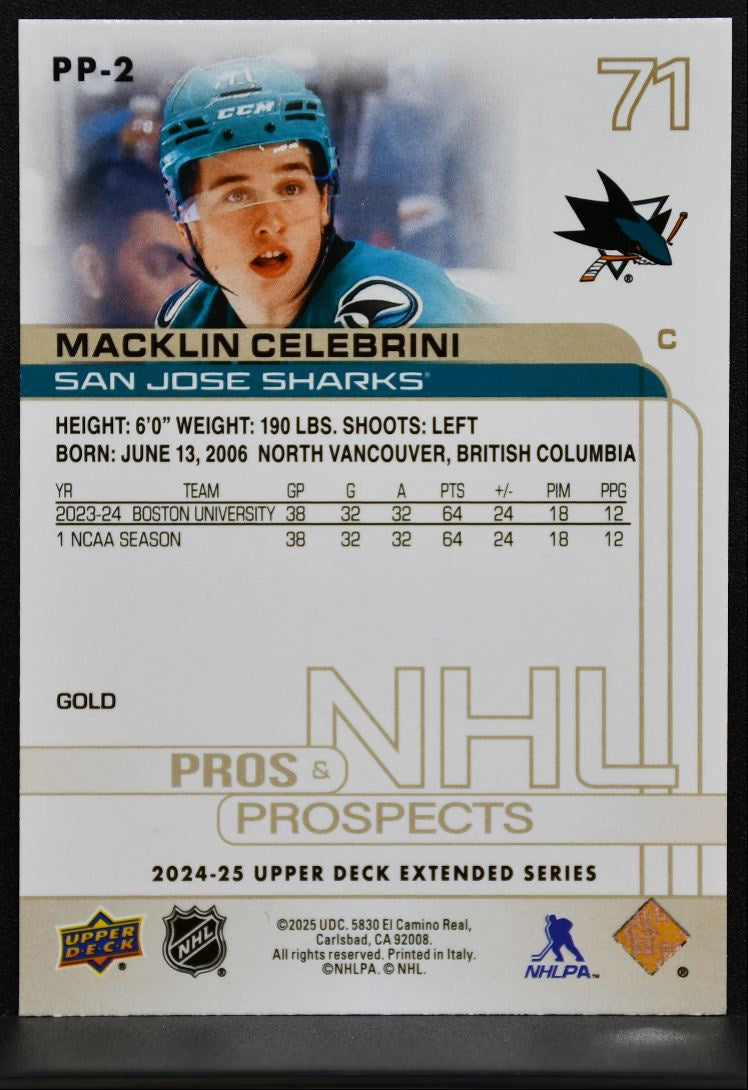 2024-25 UD Extended Series Pros and Prospects Gold Macklin Celebrini Sharks 0498