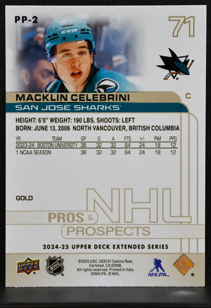 2024-25 UD Extended Series Pros and Prospects Gold Macklin Celebrini Sharks 0498