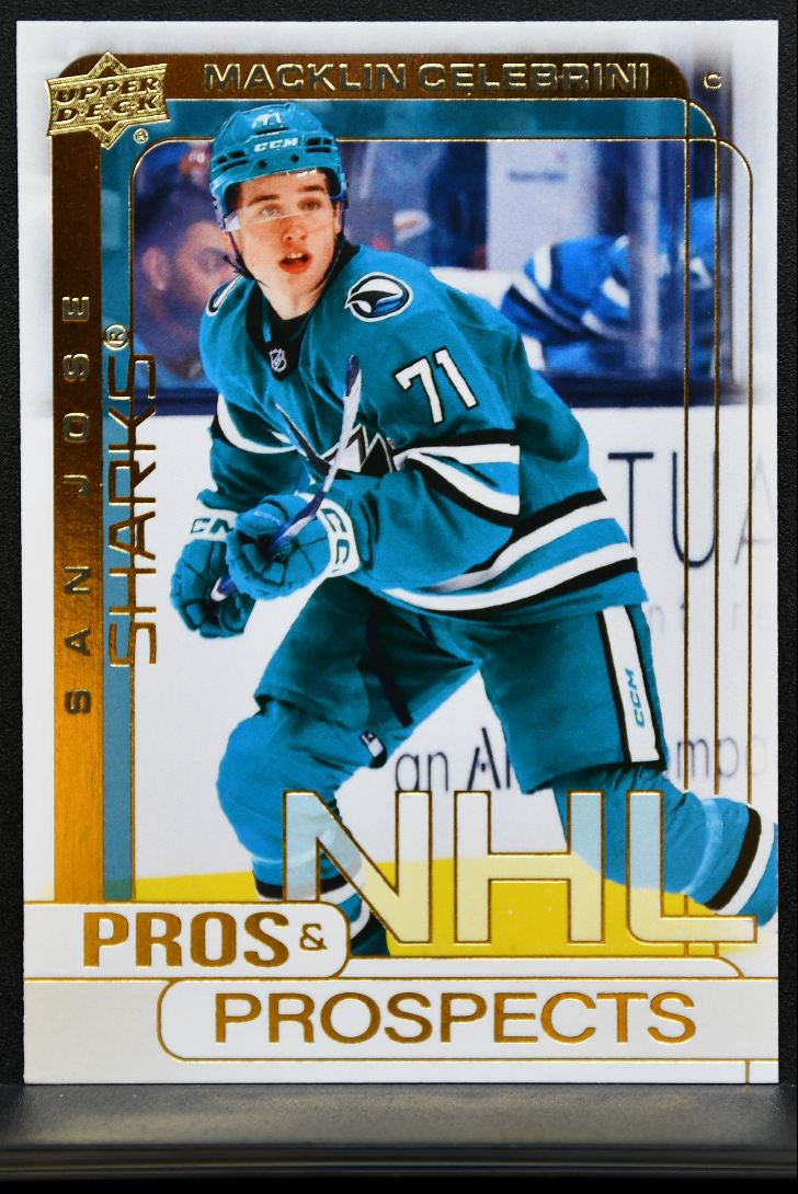 2024-25 UD Extended Series Pros and Prospects Gold Macklin Celebrini Sharks 0498