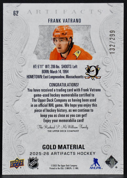 2025-26 Upper Deck Artifacts Gold Material Frank Vatrano 62 132/299 Jersey 2972