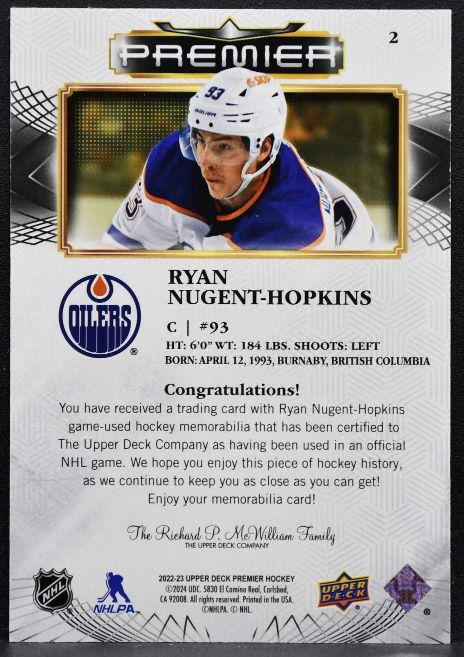 2022-23 Upper Deck Premier Jersey Ryan Nugent-Hopkins 2 Oilers Jersey 3482