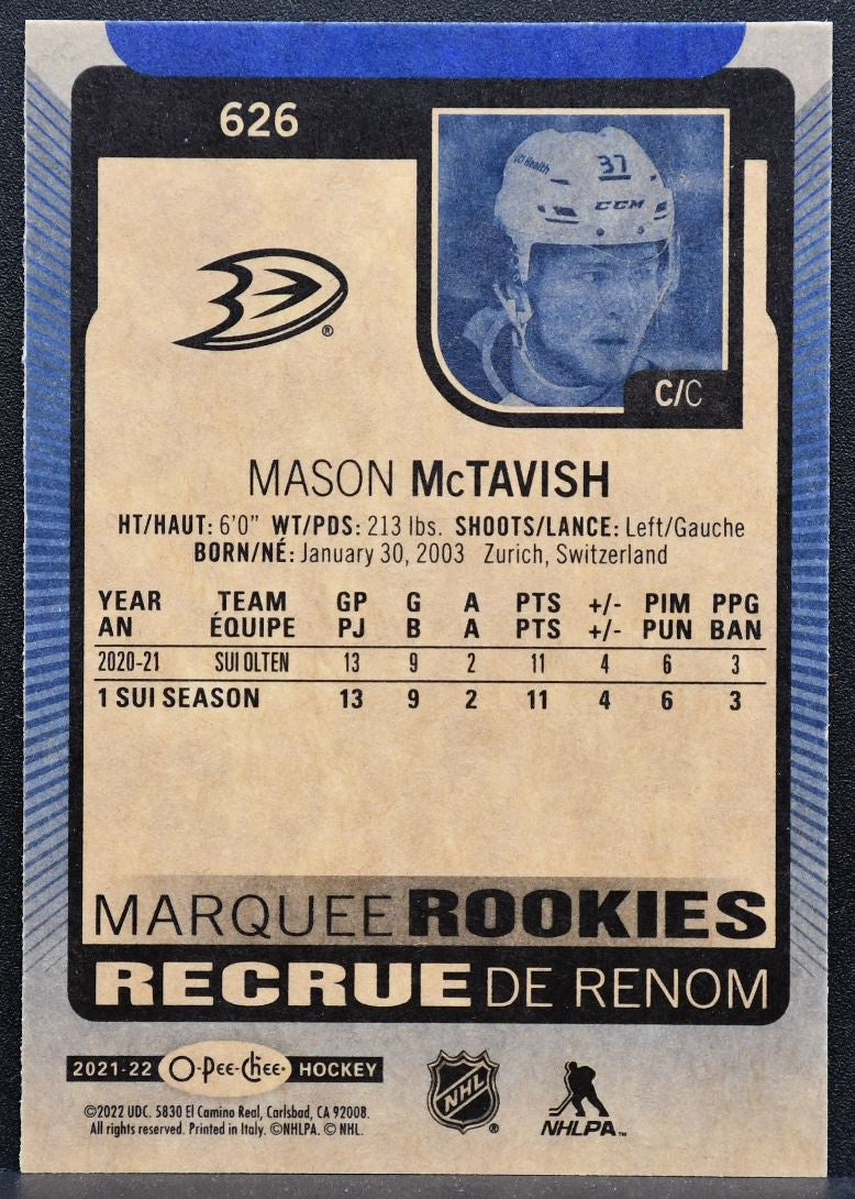2021-22 O-Pee-Chee Marquee Rookies Blue Mason McTavish 626 Anaheim Ducks RC 9928
