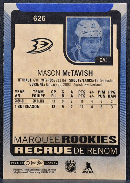 2021-22 O-Pee-Chee Marquee Rookies Blue Mason McTavish 626 Anaheim Ducks RC 9928