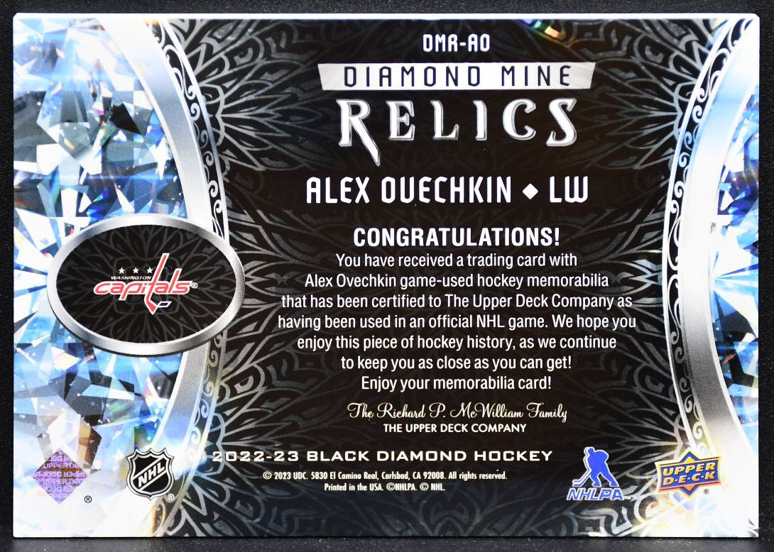 2022-23 UD Black Diamond Mine Relics Ovechkin DMR-AO Capitals Jersey 3862