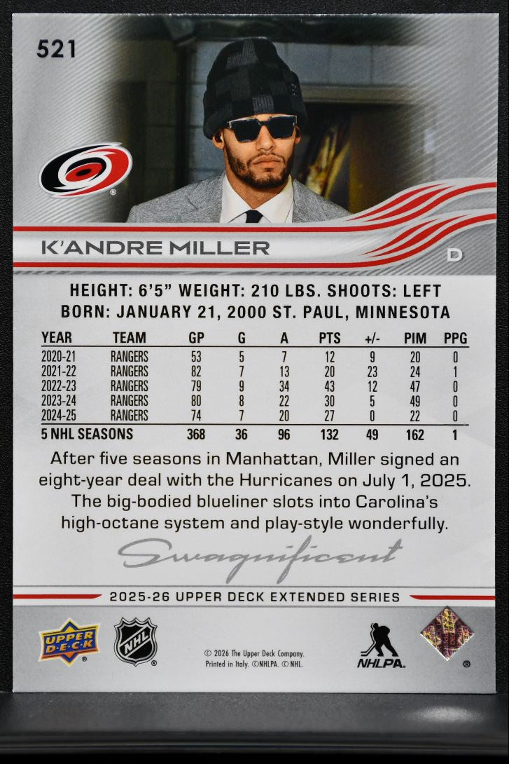 2025-26 Upper Deck Extended Series Swagnificent K'Andre Miller Hurricanes 4182