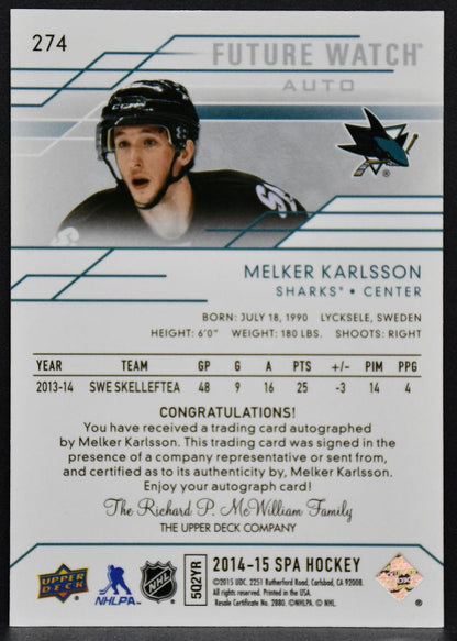2014-15 SP Authentic Future Watch Karlsson 274 Sharks RC Auto 742/999 9604