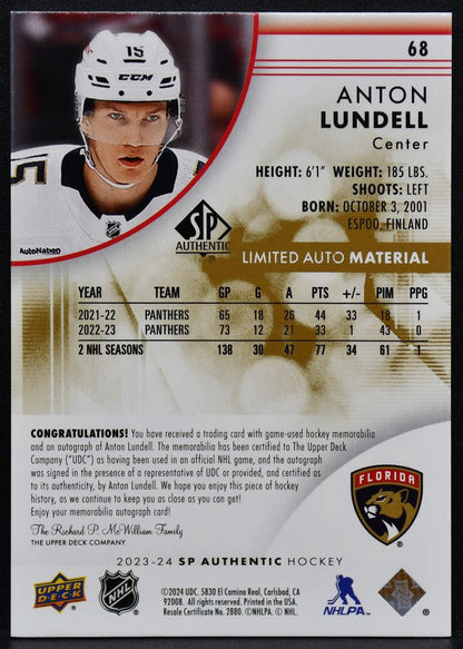 2023-24 SP Authentic Limited Material Lundell Panthers Auto 068/100 Patch 4968