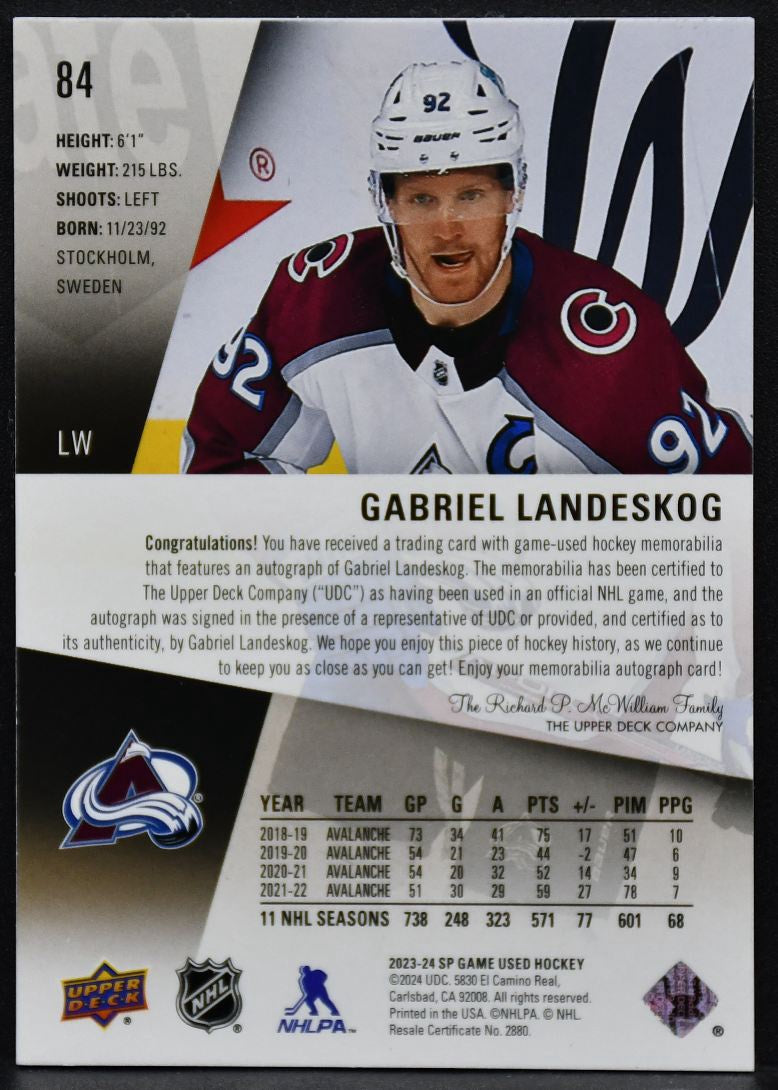 2023-24 SP Game Used Auto Premium Material Gabriel Landeskog 84 Auto 08/15 Patch