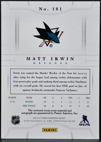 2013-14 Panini Dominion Rookie Patch Auto Irwin Sharks RC Auto /299 Patch 2377