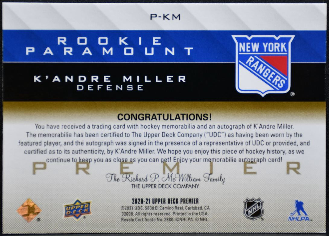 2020-21 UD Premier Rookie Paramount Auto Miller Rangers RC Auto /99 Patch 4946
