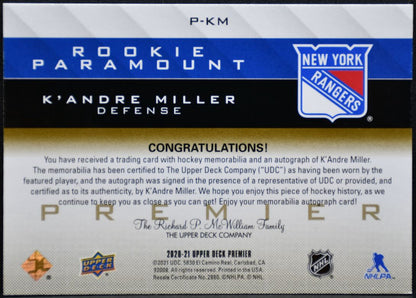 2020-21 UD Premier Rookie Paramount Auto Miller Rangers RC Auto /99 Patch 4946