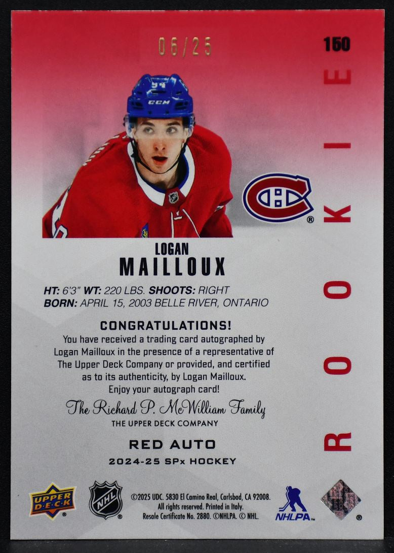 2024-25 SPx Red Auto Logan Mailloux 150 Montreal Canadiens RC Auto 06/25