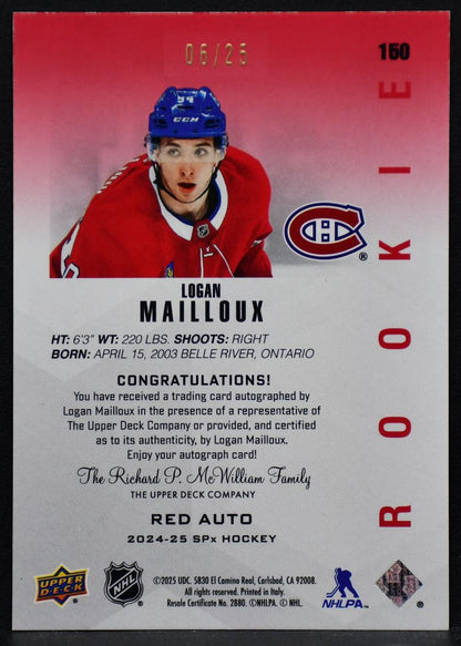 2024-25 SPx Red Auto Logan Mailloux 150 Montreal Canadiens RC Auto 06/25