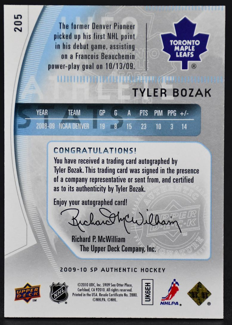 2009-10 SP Authentic Future Watch Auto Bozak Toronto Maple Leafs RC Auto /999