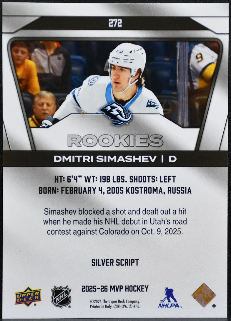 2025-26 UD MVP Rookies Silver Script Dmitri Simashev 272 Utah Mammoths RC 3566