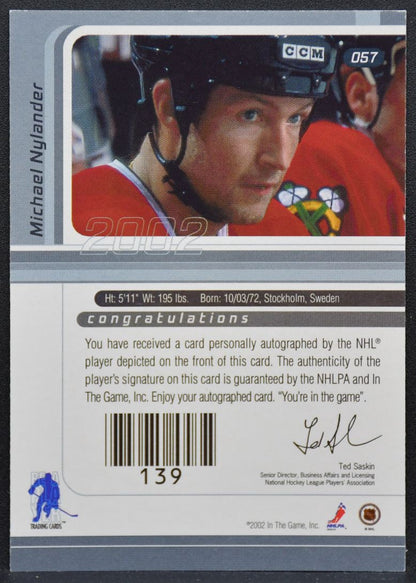 2001-02 Be a Player Auto Series Auto Michael Nylander 057 Blackhawks Auto 9000