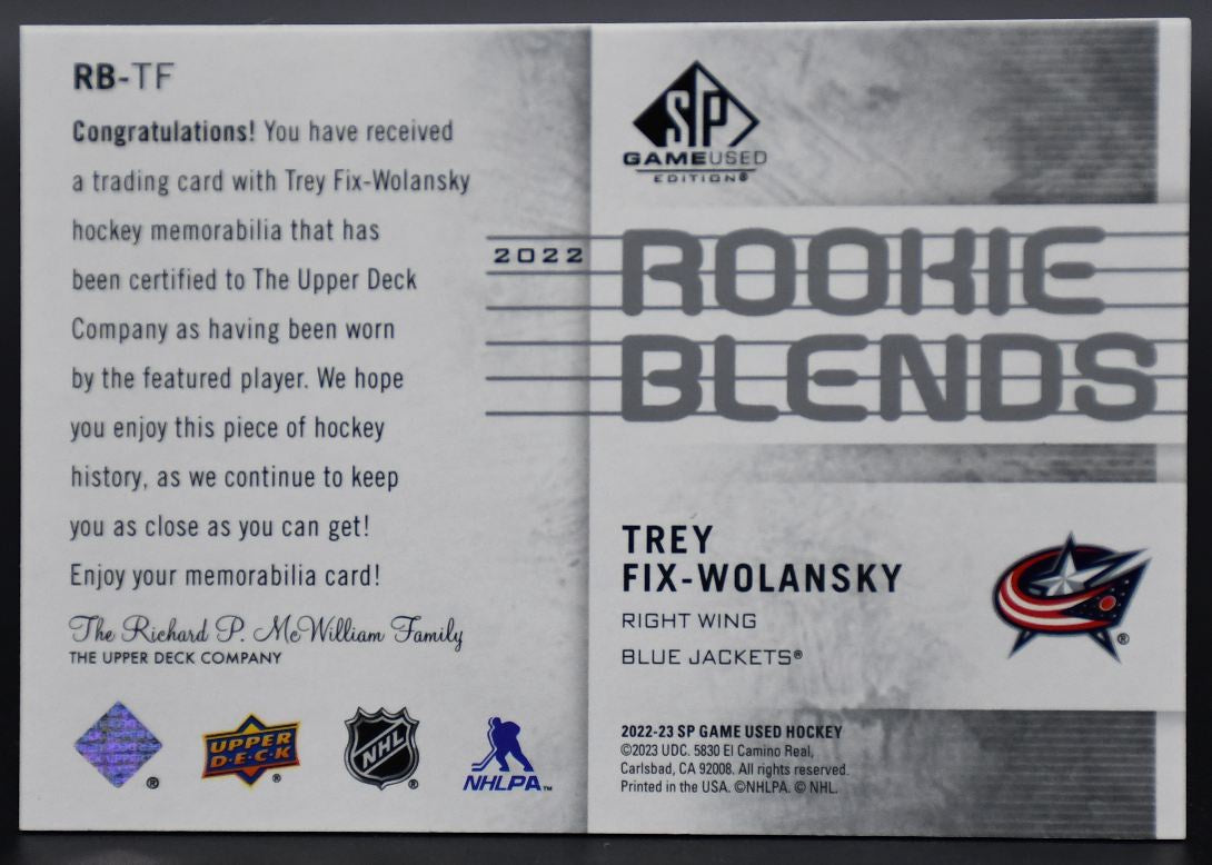 2022-23 SP Game Used Trey Fix-Wolansky Columbus Blue Jackets RC /150 Jersey