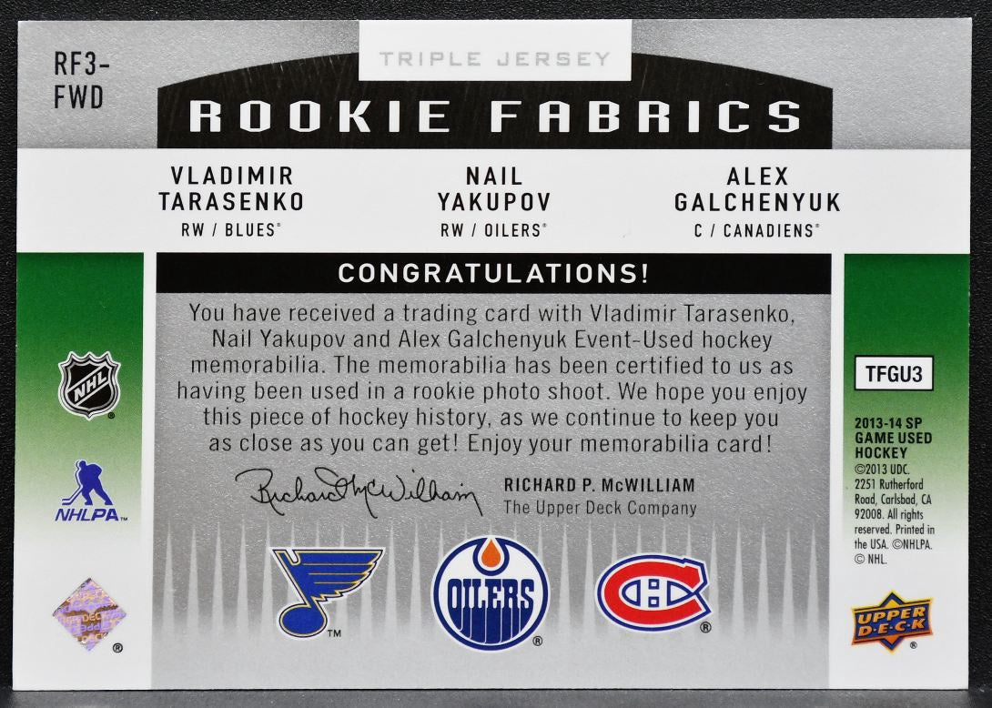 2013-14 SPGU Rookie Fabrics Triple Tarasenko/Yakupov/Galchenyuk RC Jersey 5067