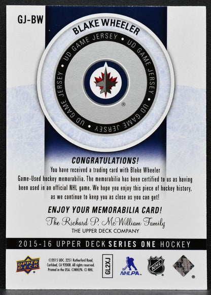 2015-16 Upper Deck Series 1 Game Jersey Blake Wheeler GJ-BW Winnipeg Jets 4350