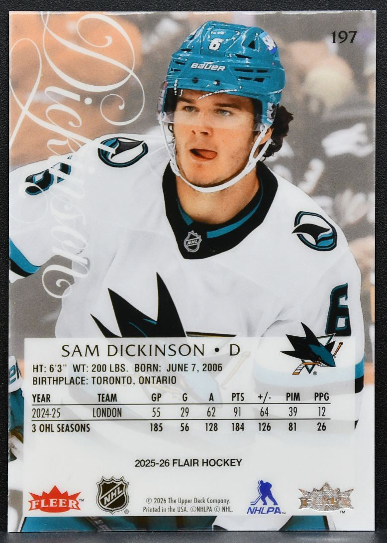 2025-26 Flair Sam Dickinson 197 San Jose Sharks RC 5398