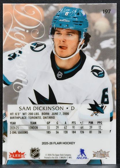 2025-26 Flair Sam Dickinson 197 San Jose Sharks RC 5398