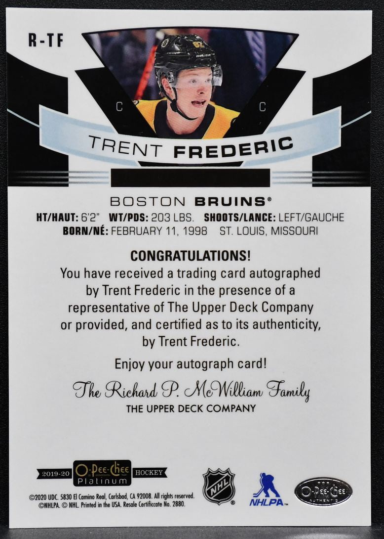 2019-20 O-Pee-Chee Platinum Rookie Autos Trent Frederic R-TF Bruins RC Auto 7283