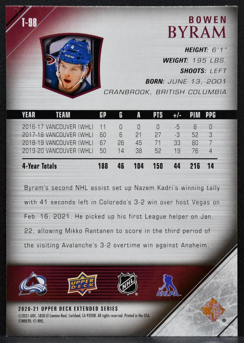 2020-21 UD Extended Series Young Guns 2005-06 Tribute Byram Avalanche RC 2751