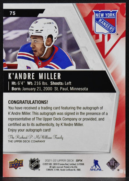 2021-22 SPx Autographs K'Andre Miller 75 New York Rangers Auto