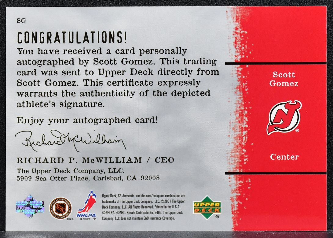 2000-01 SP Authentics Sign of the Times Scott Gomez SG Auto 0398