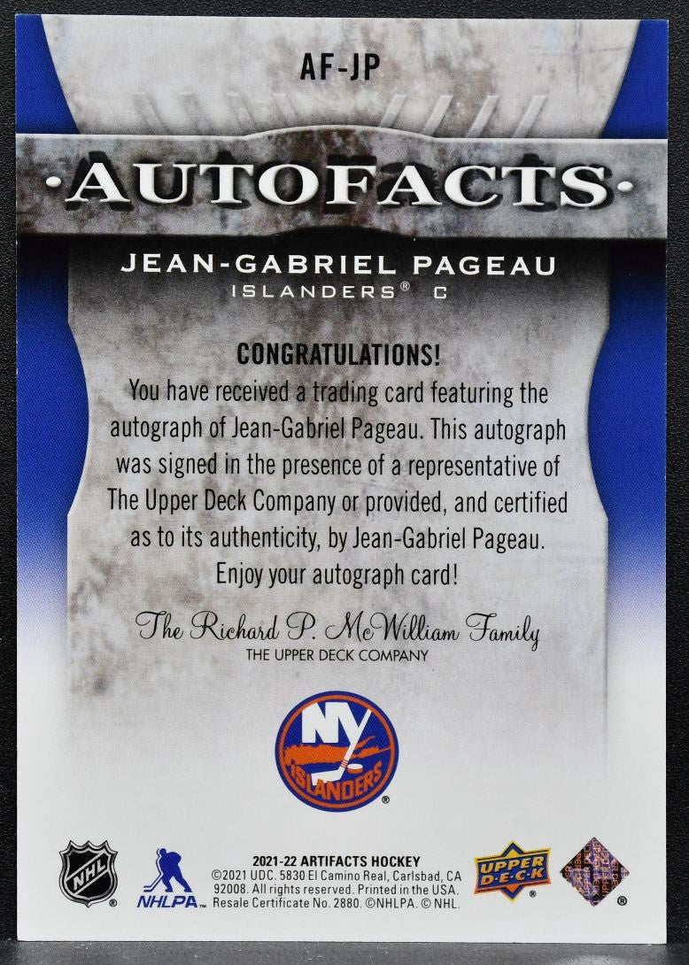 2021-22 UD Artifacts Autofacts Jean Gabriel Pageau AF-JP Islanders Auto 4083