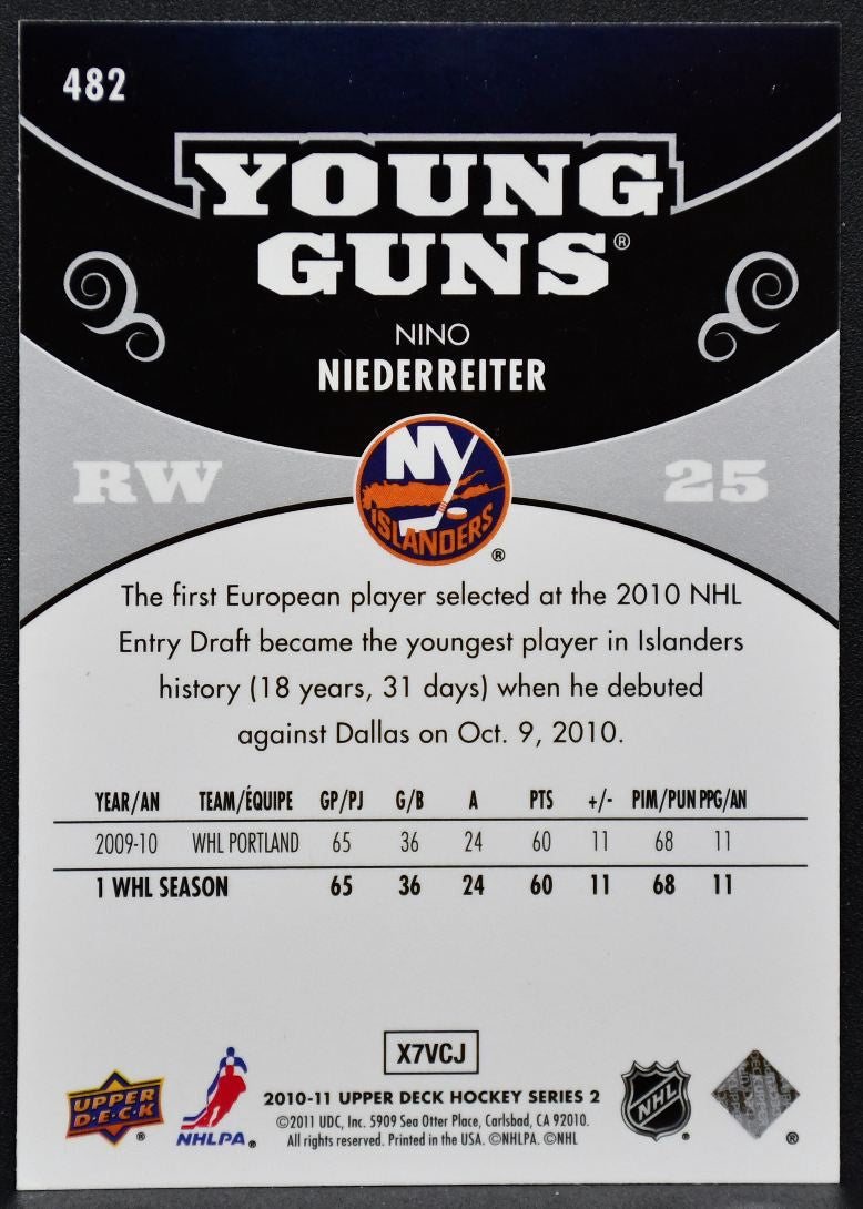 2010-11 UD Series 2 Young Guns Nino Niederreiter 482 New York Islanders RC 5890