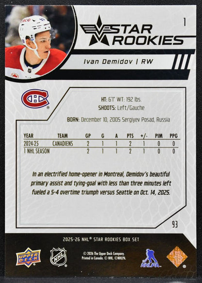 2025-26 Upper Deck NHL Star Rookies Box Set Ivan Demidov 1 Canadiens RC 6180