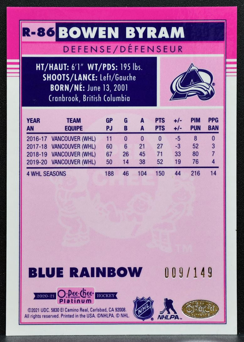 2020-21 OPC Platinum Retro Rookie Blue Rainbow Bowen Byram Avalanche RC 0870