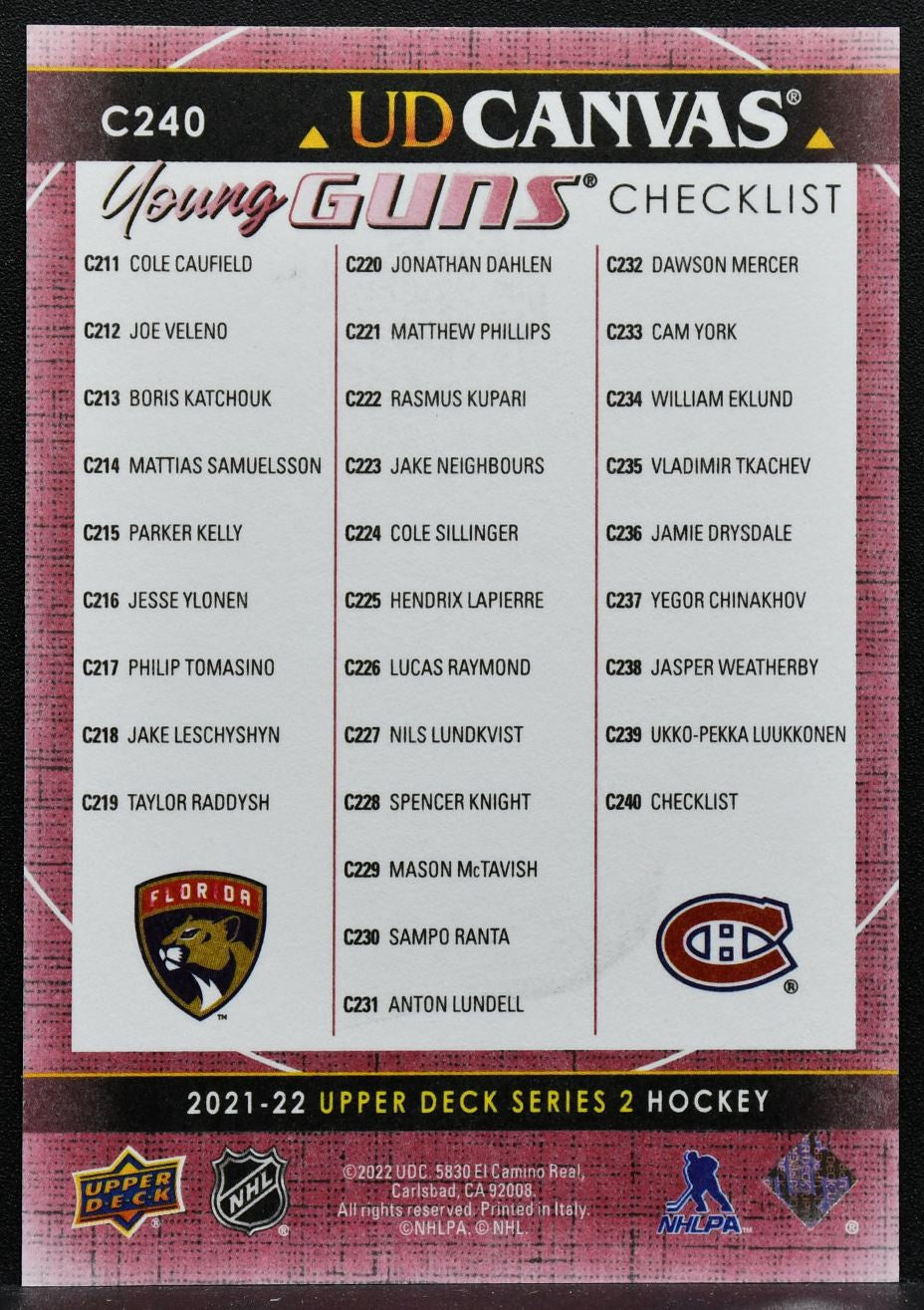 2021-22 UD Series 2 UD Canvas Young Guns Checklist Knight / Caufield RC 3659