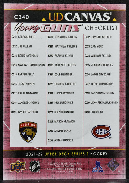 2021-22 UD Series 2 UD Canvas Young Guns Checklist Knight / Caufield RC 3659
